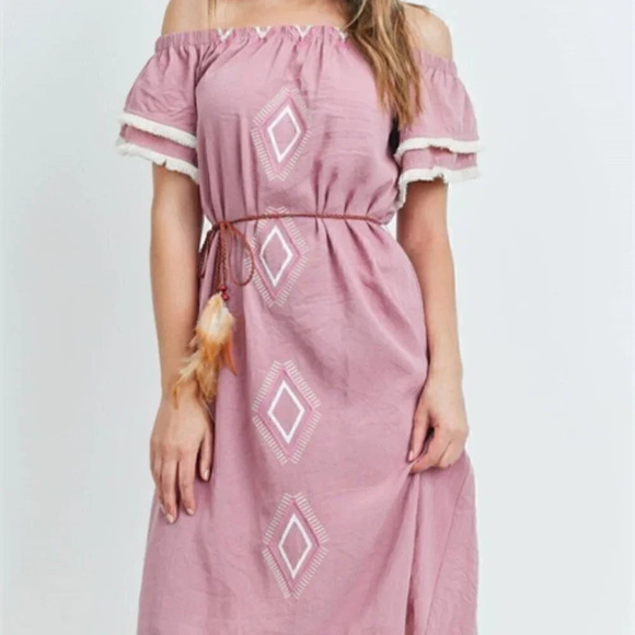 Decide Your Vibe Mauve tassel trime embroidered off shoulder Dress - Picture 5 of 8